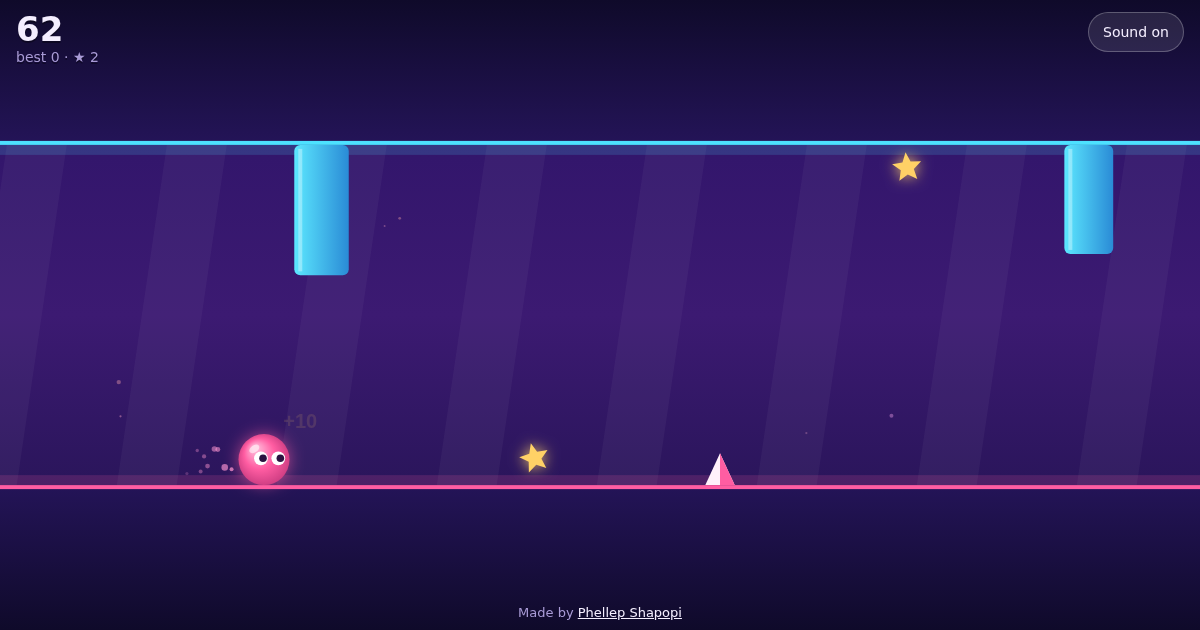 A pink blob running along a neon corridor between spikes and stars