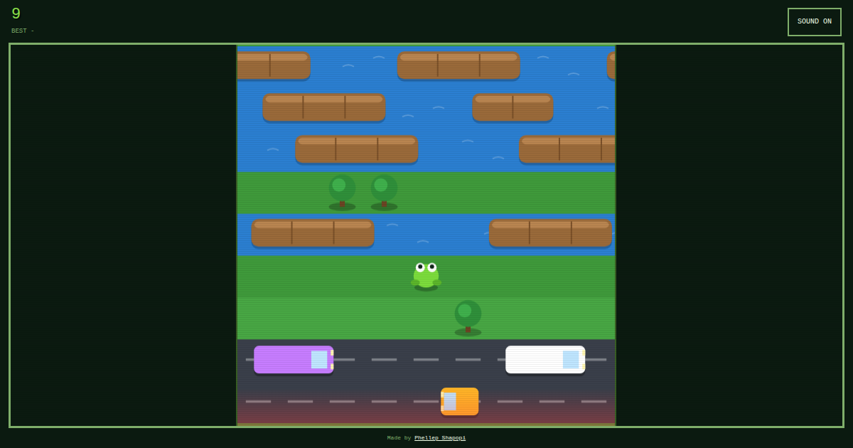 A frog crossing lanes of traffic and logs on a river